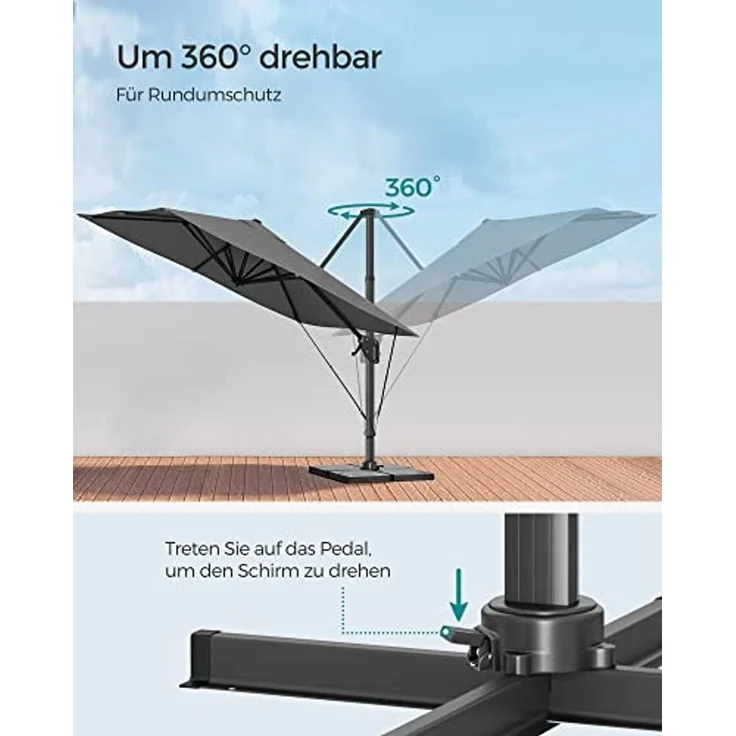 Songmics Sonnenschirm mit Ständer, 360° drehbar, UPF 50+, Rauchgrau, 253 x 290 x 290 cm – Bild 3