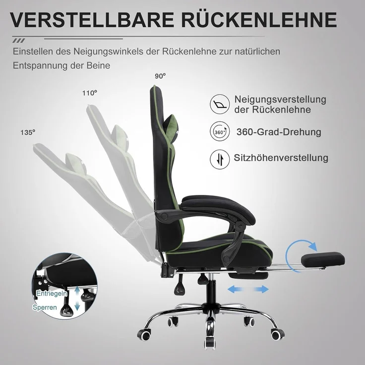 GTPLAYER Bürostuhl Gaming Stuhl Stoff Gaming Sessel Ergonomischer Gamer Stuhl mit Fußstütze, Kopfstütze Lendenkissen, Gepolstert Gaming Chair, Drehsessel – Bild 4