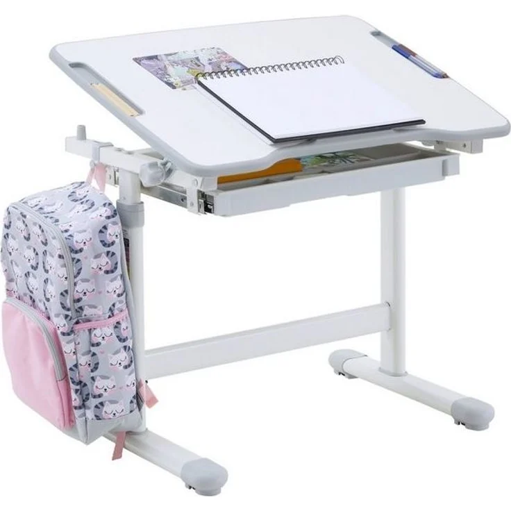 CARO-Möbel Kinderschreibtisch VITA, Kinderzimmer Schreibtisch neigbar Schublade & Rucksackhalterung grau – Bild 4