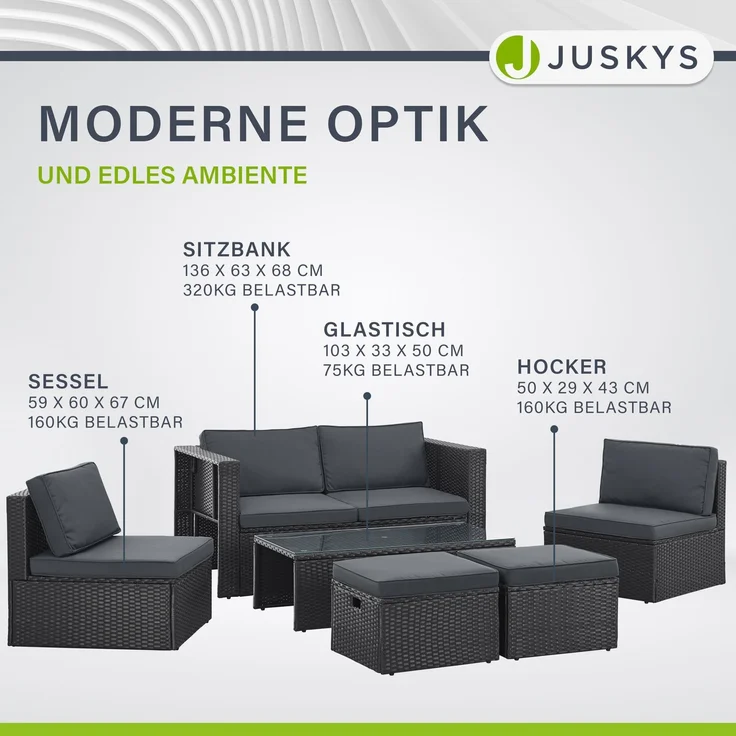 Juskys Polyrattan Gartenmöbel Set Salou - Outdoor Lounge wetterfest 6 Personen - Sitzecke mit Tisch & Kissen für Garten, Balkon, Terrasse - Schwarz – Bild 8