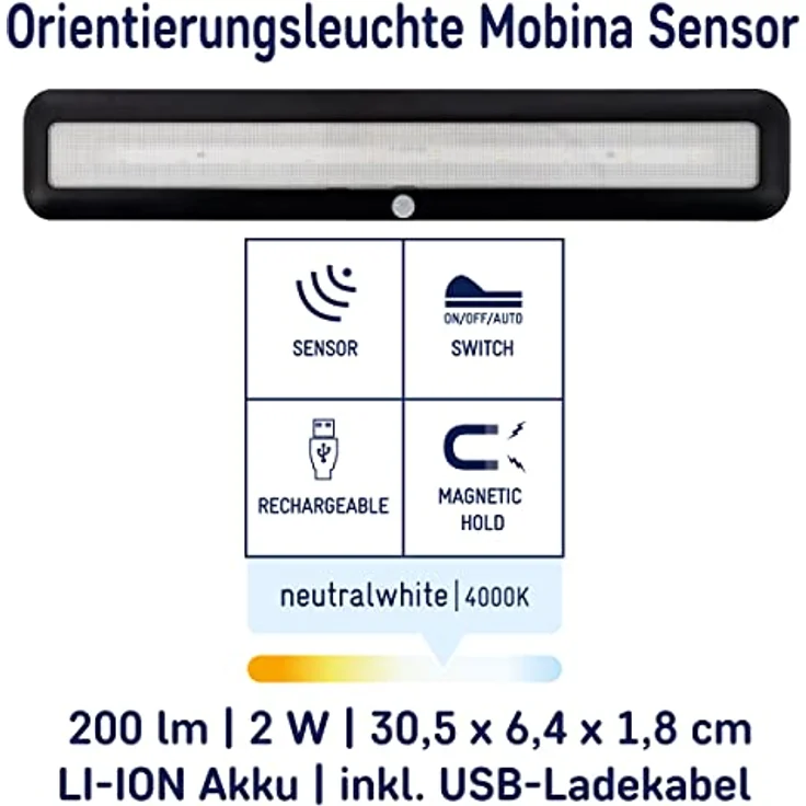 Müller-Licht Mobina Sensor 30 LED Batterieleuchte, 30cm, neutralweiß 4000K, wiederaufladbar per USB, selbstklebend, schwarz, mit Bewegungssensor und Zeitfunktion – Bild 2