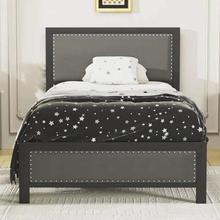 VECELO 2er-Set Polsterbett 90x200 cm mit Lattenrost, Einzelbett mit Leinen-Kopfteil und Nietenakzente, stabiles Metall-Bettgestell, geräuscharm, einfache Montage, Dunkelgrau – Bild 3