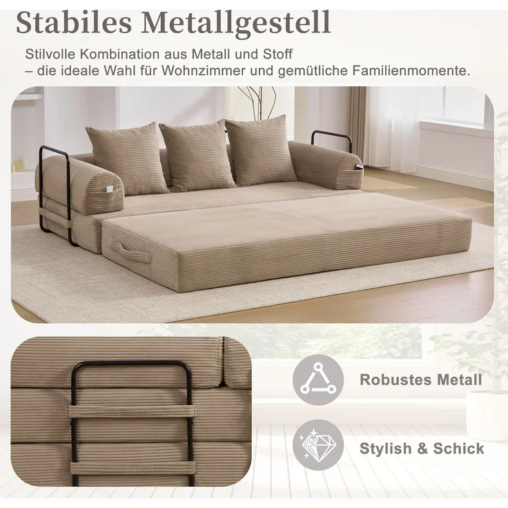 LVHOM Schlafsofa 3 Sitzer, Klappsofa mit Schlaffunktion, Bodensofa, Polstersofa aus CordStoff, Schlafcouch dauerschläfer, frei Kombination, 200x94x67 cm, Khaki – Bild 9