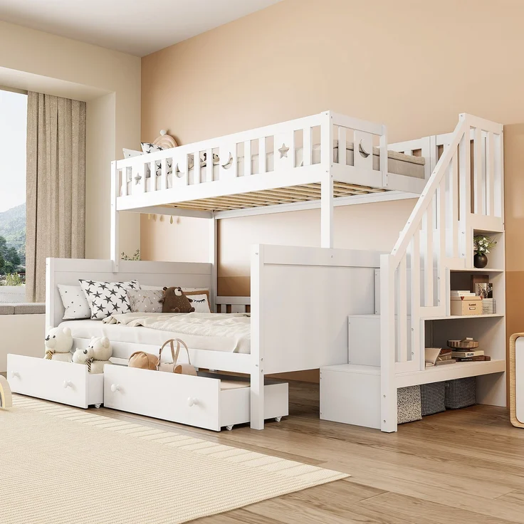 Kinder Etagenbett 90x200 & 140x200 mit Treppe, Stauraum, Schubladen, Leiterregal, platzsparendes Massivholz-Design für Kinderzimmer – Bild 2