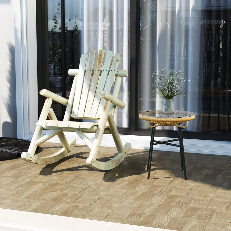 Schaukelstuhl aus Holz Schaukelsessel mit hoher Rückenlehne wetterfest Gartenstuhl bis 113kg belastbar Relaxstuhl für Wohnzimmer Garten, Rasen, Balkon Natur--Naturholz--98x66x96cm--YOUDENOVA – Bild 3