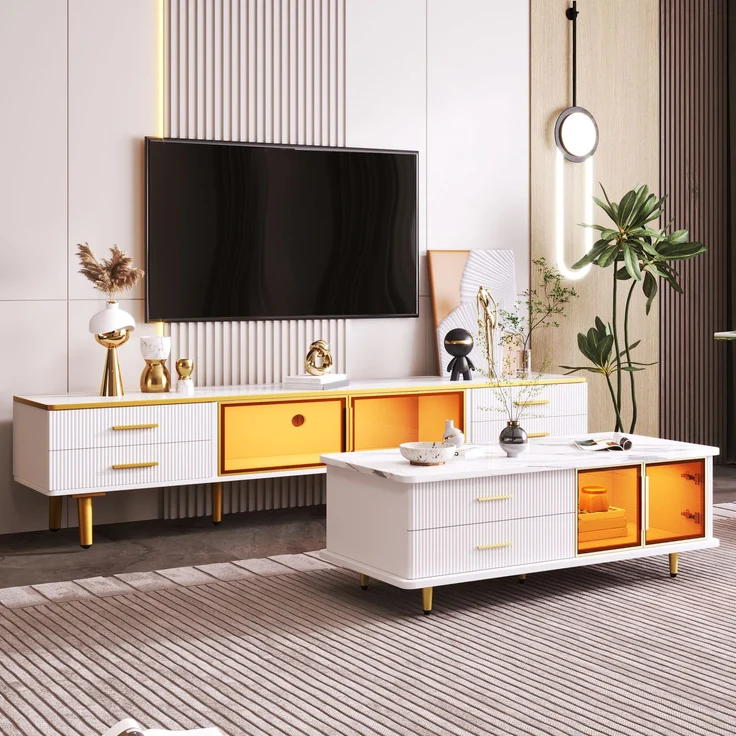 JARDJ Couchtisch, TV-Schrank, modulare Wohnzimmermöbel, Tür aus gehärtetem Glas, Rahmen aus Aluminiumlegierung, Schubladen mit Wellenstruktur, goldene Griffe und Beine, Tischplatte mit Marmorstruktur – Bild 5
