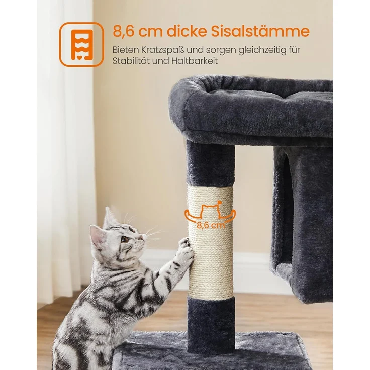 Feandrea Kratzbaum, 84 cm Katzenbaum, L, Katzenhaus für große Katzen bis zu 7 kg, große Plattform, 2 Katzenhöhlen, Sisalstämme, rauchgrau PCT61G – Bild 7