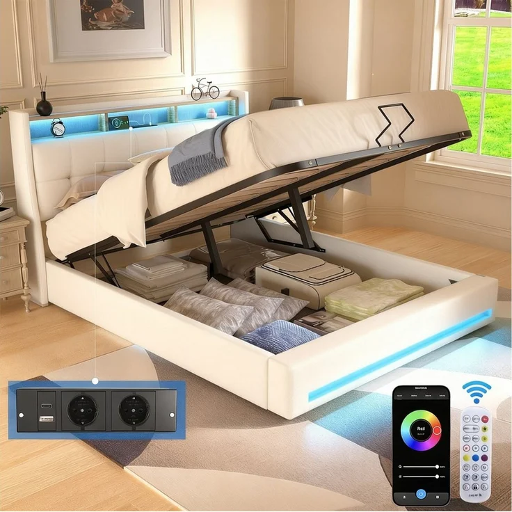 oyajia Polsterbett Doppelbett mit LED Licht 140x200cm,Hydraulisch anhebbarer Stauraumbett (Mit Lattenrost und Ladefunktion, Leinenmaterial Polsterbettt), Modernes Jugendbett, Leises Design Bett, Max. Belastbarkeit 350 kg – Bild 5