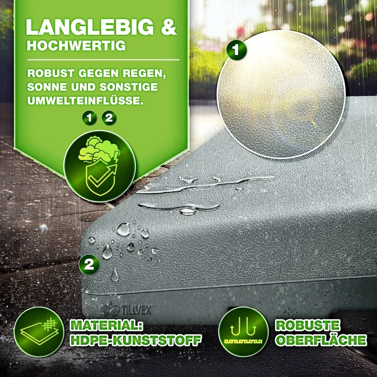 tillvex® Sonnenschirmständer Grau 90 Liter / 120 kg – 4-teilig für Ampelschirm inkl. Metallverbinder | Schirmgewicht befüllbar mit Wasser oder Sand | Schirmständer Ampelschirmständer wetterfest – Bild 9