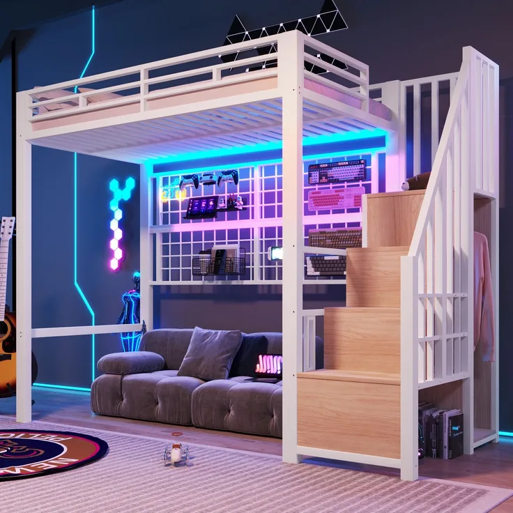 EINHOM Hochbett, 90 x 200 cm, Eisenrahmen, Kleiderschrank, Stauraumleiter, Gitter zum Aufhängen von Gegenständen, Freifläche unter dem Bett, 7-farbige LED-Leuchten, Weiß (Ohne Matratze)