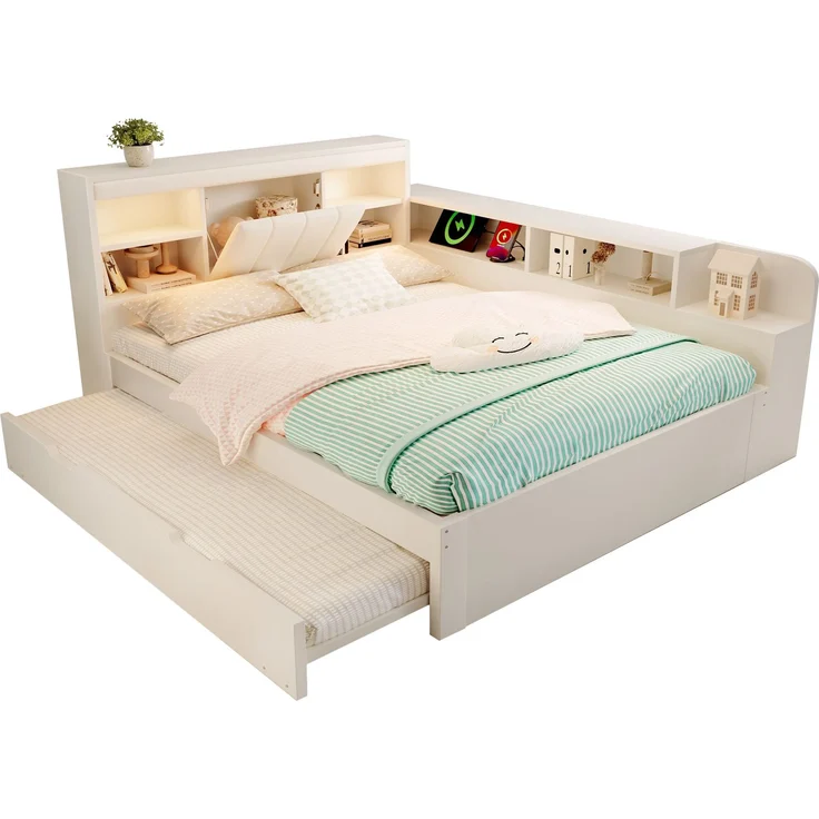 Ausziehbett 140×200 cm mit Zusatzbett 90×190 cm, gepolstertem Kopfteil, Weiß, ohne Matratze – Bild 4