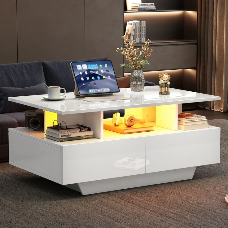 Couchtisch 90×55×41 cm Hochglanz Weiß mit LED-Beleuchtung, moderner Wohnzimmertisch mit 2 Schubladen, offenem Fach – Bild 6