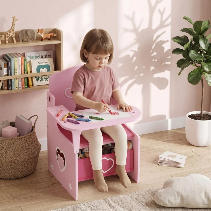 MELAYR, Kindertisch mit Stuhl 2-in-1 Integrierte Kindersitzgruppe mit Stauraum Platzsparend für, 58.5 x 51 x 59 cm, Rosa – Bild 4