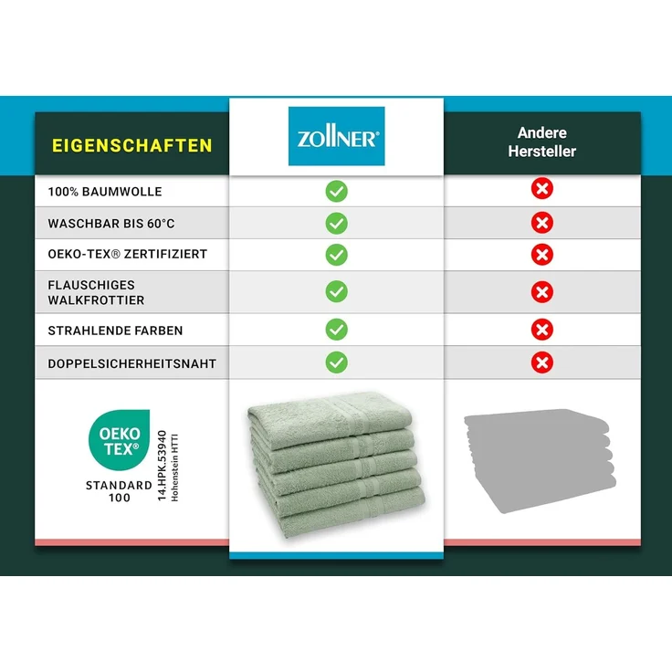ZOLLNER 5er Set Duschtücher, 70x140 cm, salbei, 100% Baumwolle – Bild 6