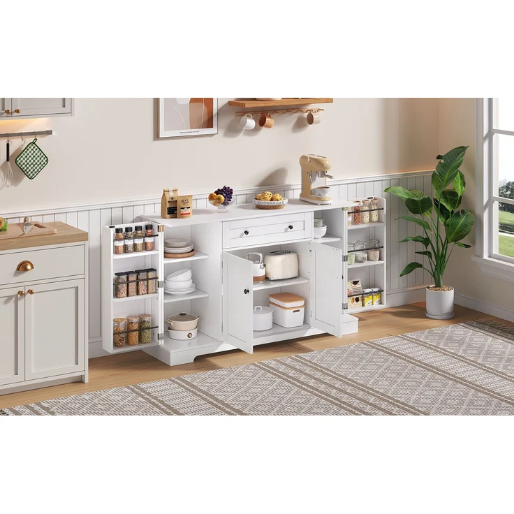 Buffet-Anrichte 85x40x138 cm mit Schublade, Regaltüren und verstellbaren Einlegeböden in Weiß – Bild 4