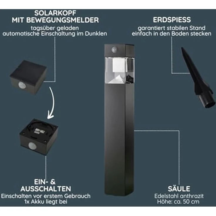 MeLiTec Solar Gartenleuchte rund/ eckig mit Bewegungsmelder, Edelstahl silber / anthrazit : Anthrazit : Eckig – Bild 6