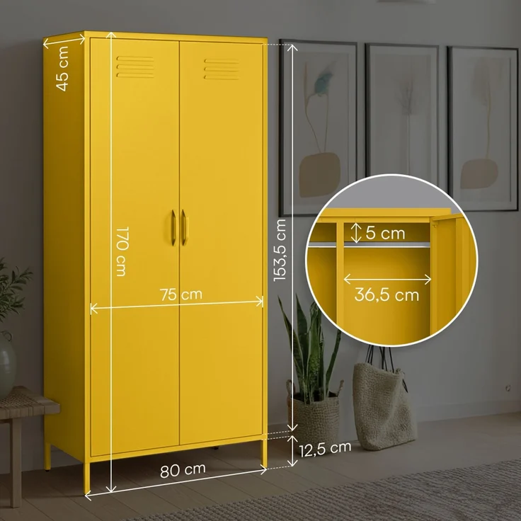 skølm 'Atria' Kleiderschrank, Metall, 170x45x80 cm, senfgelb, Garderobe mit 4 Fächern und 2 Kleiderstangen – Bild 6