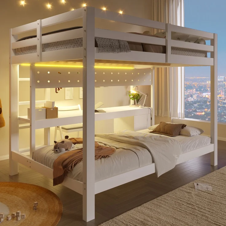 Merax Etagenbett, Hochbett, Kinderbett 90x200 cm & 140x200 cm, mit Schubladen und Schreibtisch, ausgestattet, inklusive LED-Lichtleiste, (Keine Stühle), Weiß – Bild 2