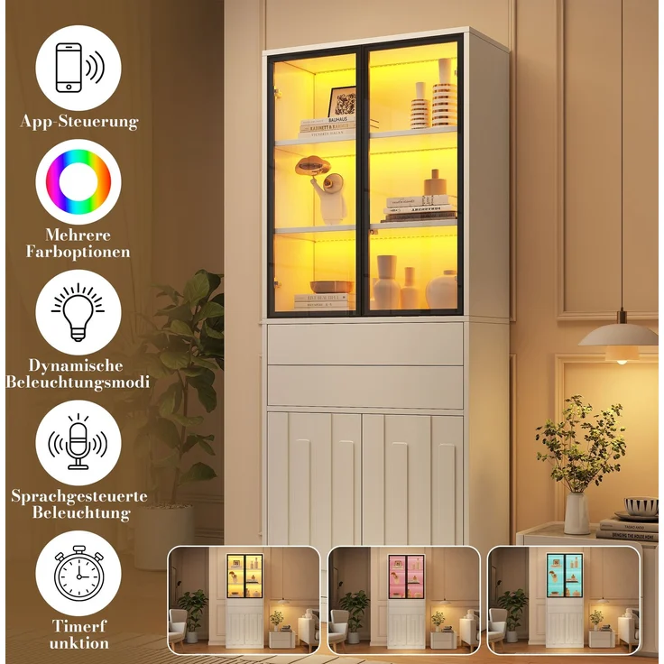 Vitrinenschrank 70x34x180 cm mit LED-Glasvitrine, 2 Schubladen, Weiß – Bild 8