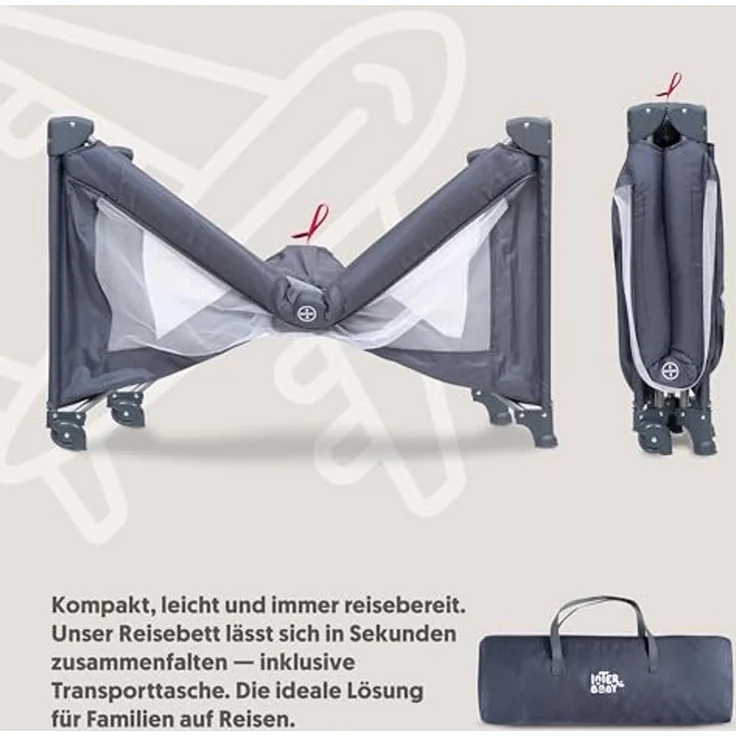 Interbaby Reisebett Baby klappbar mit Rollen 120x60 cm – Baby Reisebett mit Transporttasche, leicht faltbar, Kinderreisebett & Laufstall, Reisegitterbett bis 15 kg (Grau) – Bild 5