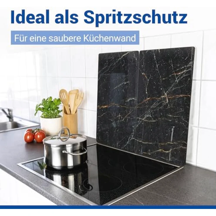 Allstar Glasabdeckplatten Marmor, 2er Set, rutschfeste Herdabdeckung für Glaskeramikkochfelder in Marmor-Optik, praktische Arbeitsflächenerweiterung in der Küche, Gehärtetes Glas, 30 x 52cm, Schwarz – Bild 7