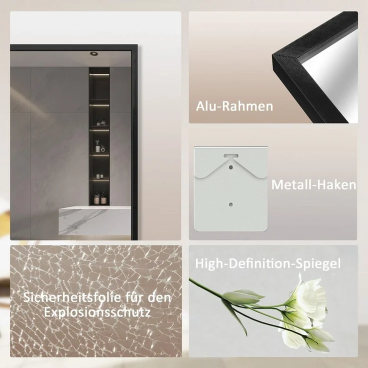 Hopibath Ganzkörperspiegel für Wohnzimmer Spiegel groß für Flur Kinderzimmer Hotel Garderobe (Standspiegel Eckig, mit Alurahmen, 5mm Glas), 150x50, 160x40, 140x40 cm – Bild 2