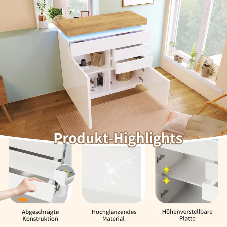 Sideboard Hochglanz mit LED (App/Touch), 2 Türen & 3 Schubladen, 110x39x115 cm, Weiß – Bild 5