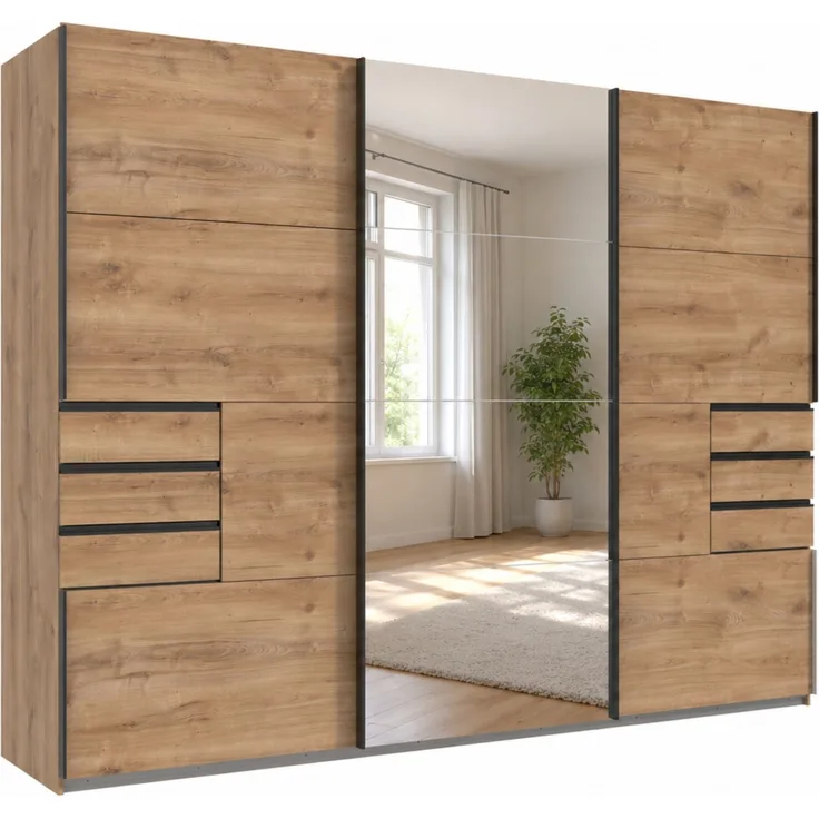 Schwebetürenschrank Kleiderschrank 3trg 270cm Eiche Dekor Spiegel u. Schubkästen