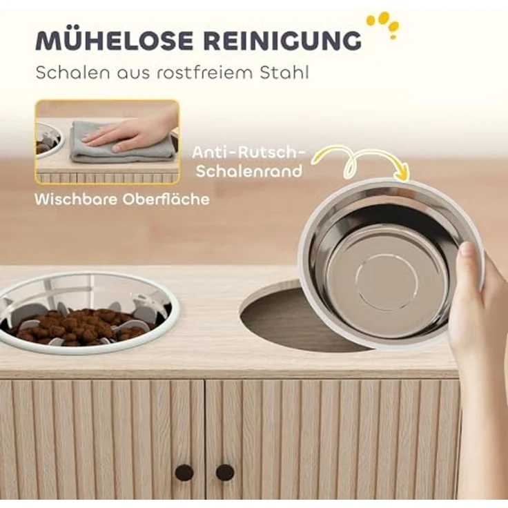 PawHut Futternapf mit 2 Edelstahl-Näpfen, Schrank für Utensilien, Edelstahl, für große Hunde Eiche – Bild 5