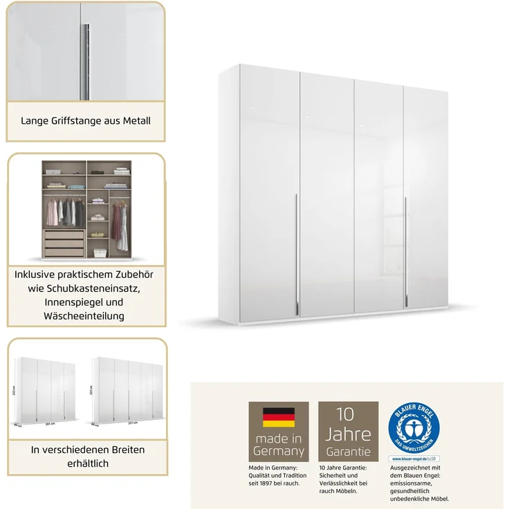 rauch Montclar Kleiderschrank 4-türig, mit 7 Einlegeböden, 2 Kleiderstangen, 1 Schubkasteneinsatz, 1 Inneneinteilung, 1 Innenspiegel, Farbe Schwarz, BxHxT 201x223x60 cm – Bild 6