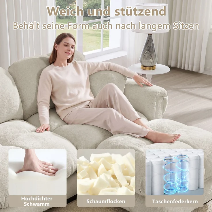 EINHOM 3-Sitze U-förmiges Cloud Sofa, inklusive mobiler Ottomane und 2 kleinen Dekokissen, Feines Steppdesign, Dicke Sitzkissen, Weich und Stützend, Einfach Aufzubauen, geeignet für das Wohnzimmer, Hellkhaki – Bild 5