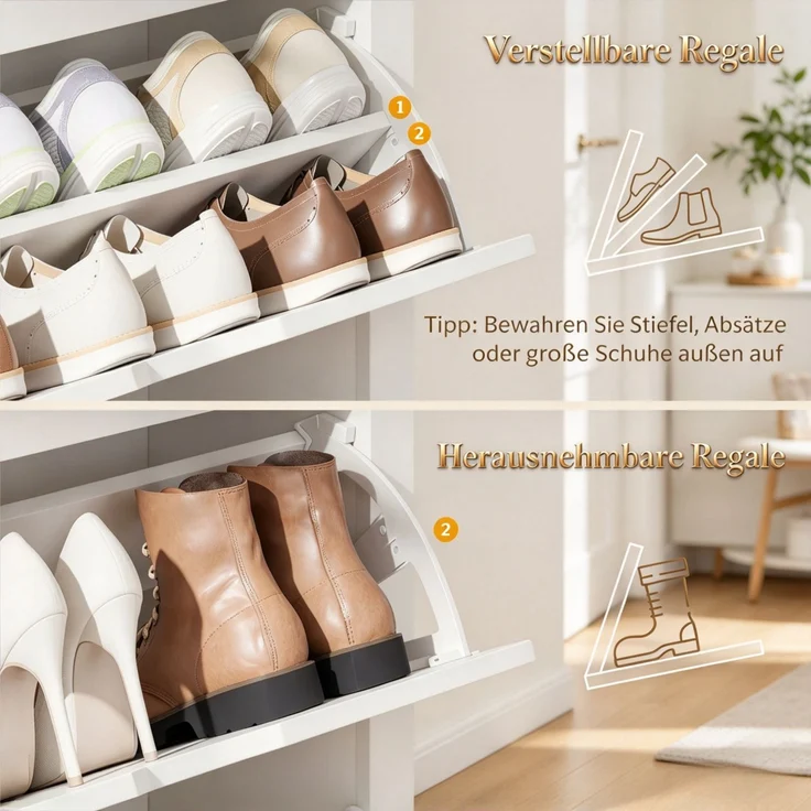 ZUBALIYA Schuhschrank (72 x 26 x 112 cm), 3 Klappfächer, Herausnehmbare Einlegeböden, Stauraum für Flur und Eingangsbereich, Naturfarben / Weiß – Bild 3