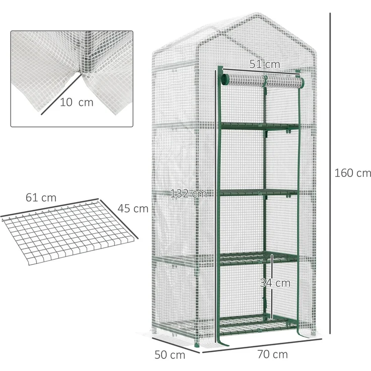 Outsunny Gewächshaus, PE, Metall, Weiß+Grün, 70L x 50B x 160H cm – Bild 3