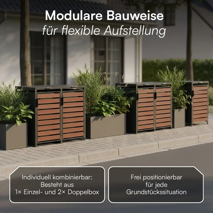 STEELSØN 'Kestra' Mülltonnenbox 5er je 240 Liter, graphitschwarz mit Nußbaum-Holzoptik, Mülltonnenverkleidung aus Stahl, wetterfest, 116x80x337 cm, Müllbox für 5 Tonnen – Bild 7