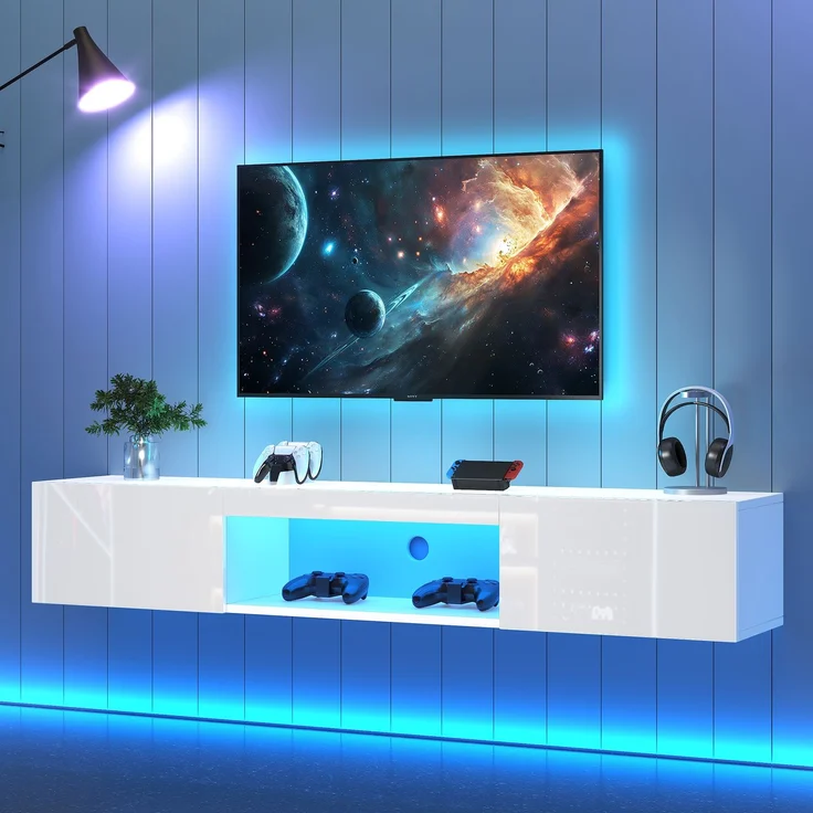 Hängeschrank für Wohnzimmer mit LED-Beleuchtung, Bluetooth-App steuerbar, Musikmodus, Stauraum mit offenes Fach und Türen – Bild 4