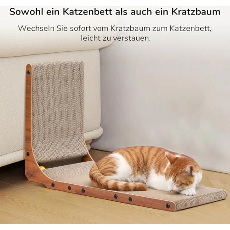 FUKUMARU Kratzbrett Katzen, 68 cm hoch L-förmige Kratzpappe aus vertikalem Karton, widerstandsfähig Katzenkratzbrett mit Ballspielzeug, Farbe Nussbaum – Bild 8