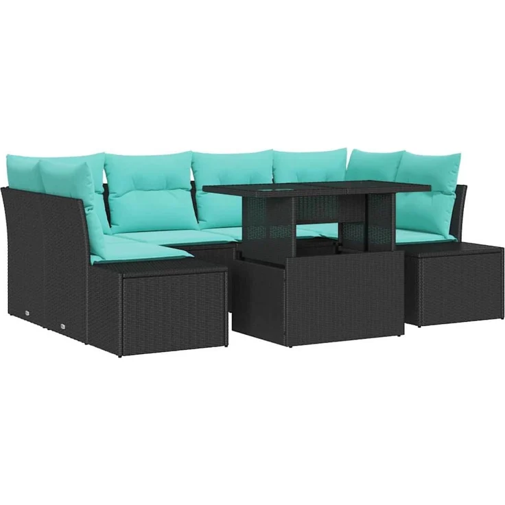 vidaXL Sofa Set 7 stk. 6-Sitzer Schwarz und Blau Poly-Rattan 3349122 – Bild 2