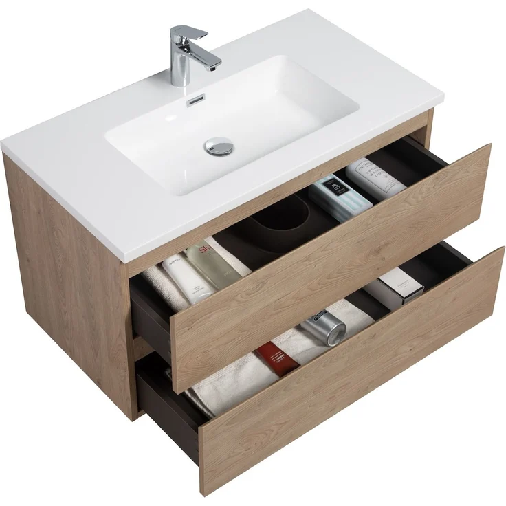 Badplaats Badmöbel Set mit Waschbecken und Unterschrank Angela 100 x 48 cm Kastanien Eiche - Waschbeckenunterschrank mit Soft-Close und Waschbecken, Vorgemontiert – Bild 2