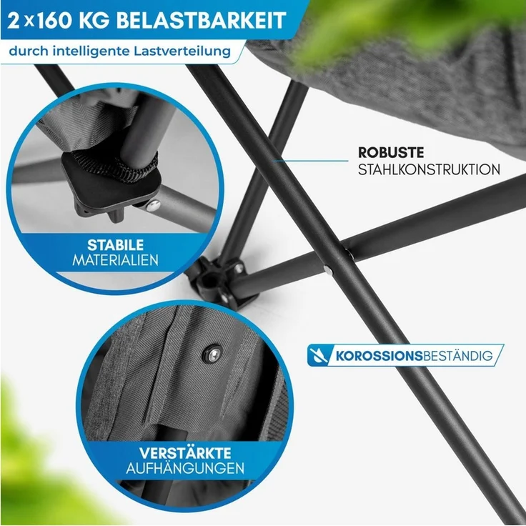 Nordmut Campingstuhl Campingsofa Klappbar 2 Personen 360 kg gepolstert mit Tragetasche (bis 360 kg belastbar mit Stahl Aluminium Rahmen), wetterfest klappbar mit Tragetasche & Seitentaschen – Bild 4