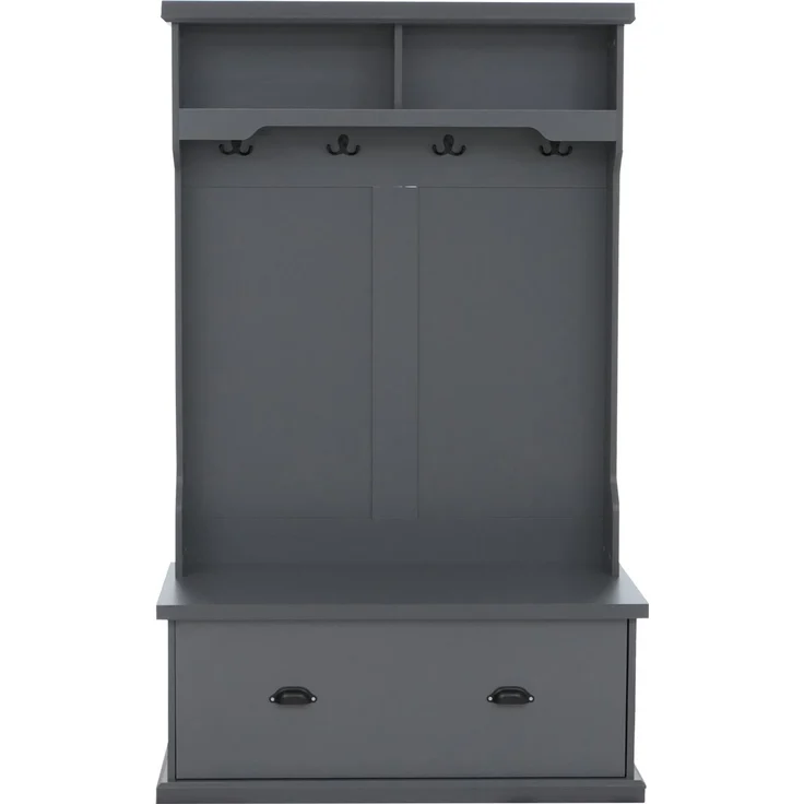 Garderobe HWC-P27, Flurgarderobe Holzgarderobe Sitzbank, 4 Haken Staufach Ablage Melamin 163x100x47cm ~ dunkelgrau – Bild 8