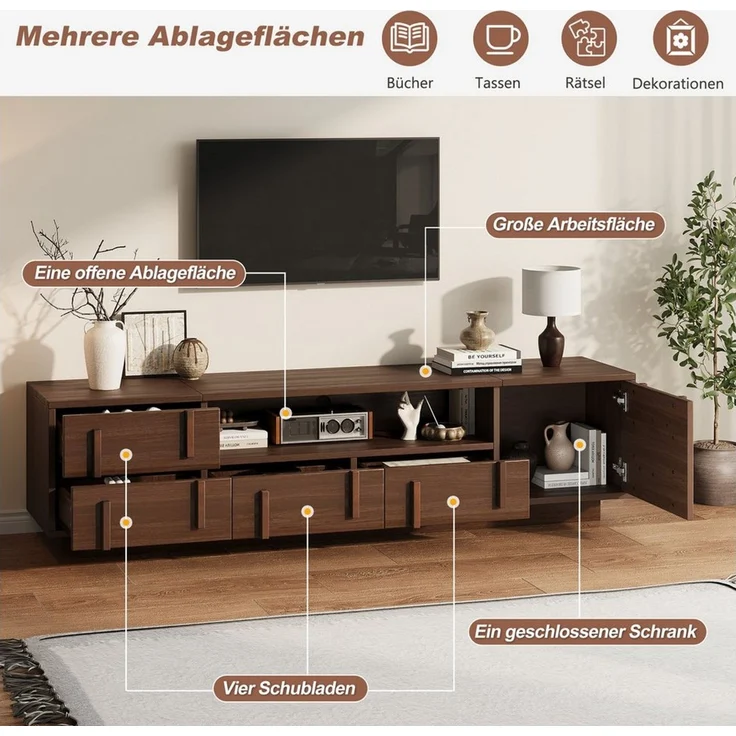 Merax Lowboard mit 4 Schubladen, Schrankfach & 2 offenen Ablagen (180 L x 40 B x 45 H cm, 1 St), TV-Schrank mit Kabeldurchführung & Stauraum, für Fernseher bis 75 Zoll – Bild 3