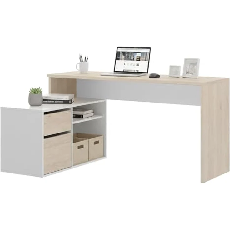 Dmora - Gardena-Schreibtisch, Schreibtisch mit Mehreren Positionen für das Büro oder Schlafzimmer, Mehrzweck-Ecktisch, 139 x 92 x 75 cm, Weiß und Eiche – Bild 4