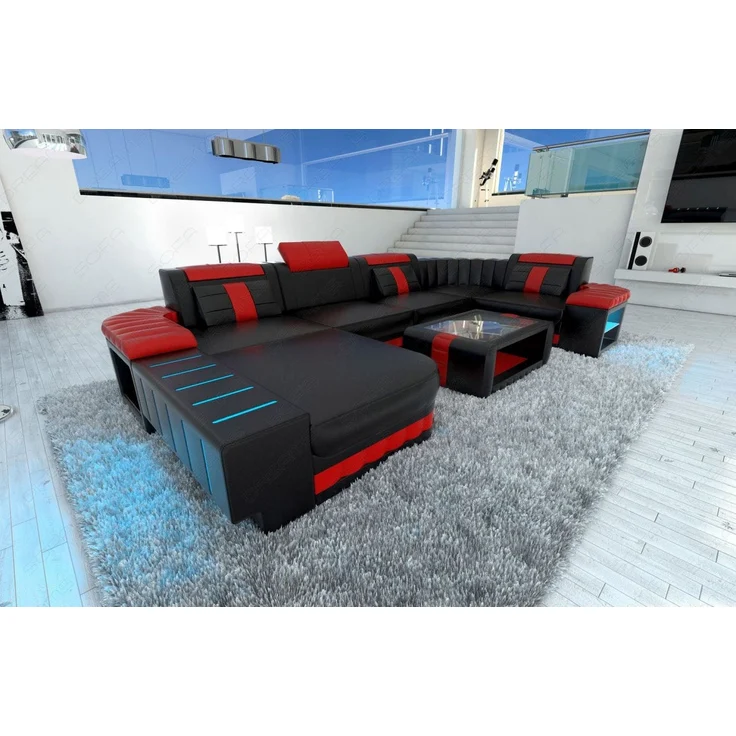 Sofa Dreams - Mini Designer Wohnlandschaft Bellagio Led U-Form - Kunstleder - Schwarz-Rot - Links – Bild 3