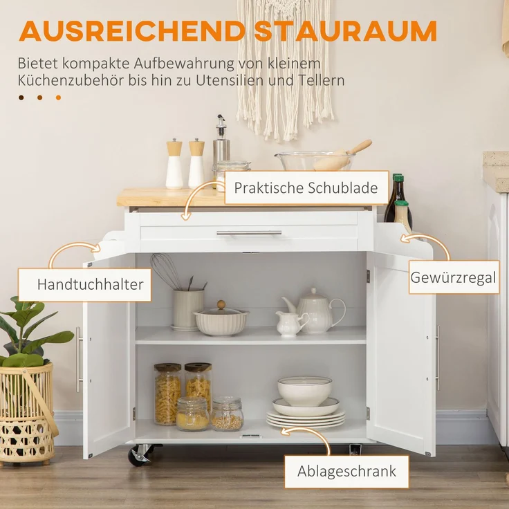JARDJ Küchenwagen Servierwagen Kücheninsel, 1 Gewürzregal, 1 Handtuchhalter, 109 cm x 40 cm x 89 cm, Weiß – Bild 6