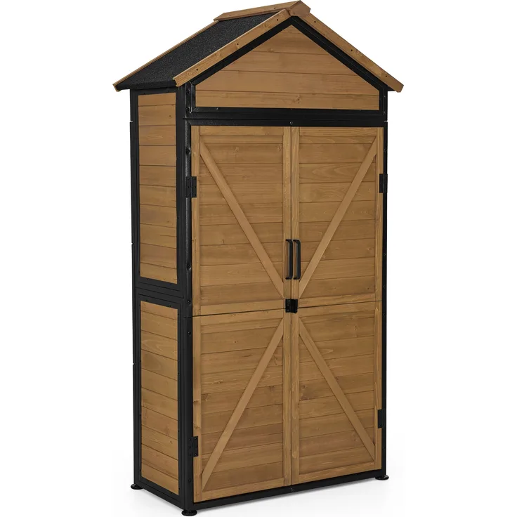 M MCombo Gartenschrank Gartenhaus Holz Metgallgestell Wetterfest, Gerätehaus Outdoor, für Außenbereich Garten Terrasse, Geräteschuppen mit 2 Bewegliche Regale, 2736 (Natur)