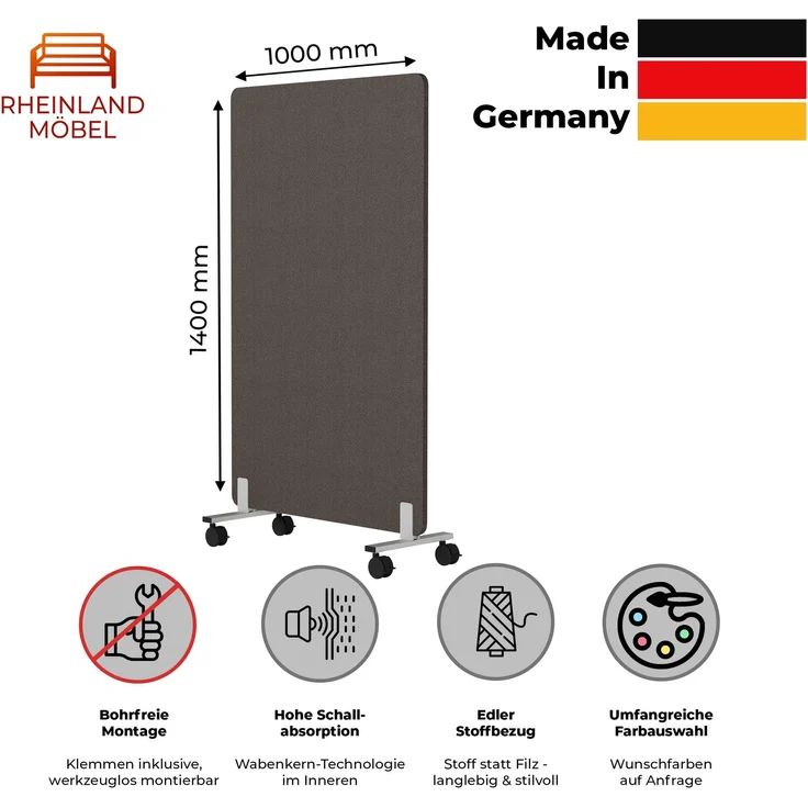 Rheinland Möbel FocusWall STWR1014 – Akustik-Stellwand 1000×1400 mm in Stofffarbe Blizzard inkl. Rollen – Mobile Schreibtisch-Trennwand für Büro & Homeoffice – Schallschutz – Made in Germany – Bild 2