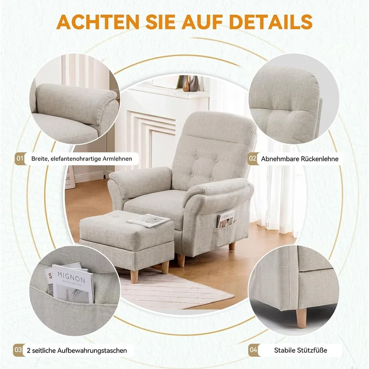 COMHOMA Relaxsessel Fernsehsessel mit Verstellbarer Rückenlehne 4-Gang-Verstellung bis 160°,Federkissen mit Hocker Einzelliege Sessel Wohnzimmer Schlafzimmer Heimkino Leinen, BEIGE – Bild 6