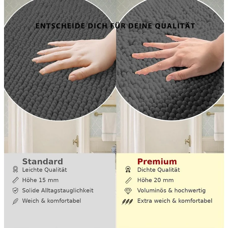 OTTO home Badematte Vanessa Chenille, Standard & Premium, 15mm oder 20mm, auch als 2er Set, rutschhemmend beschichtet, schnell trocknend, strapazierfähig, fußbodenheizungsgeeignet, Polyester, rechteckig, 2-tlg. 45 cm x 50 cm, Uni Farben, besonders weic... – Bild 4