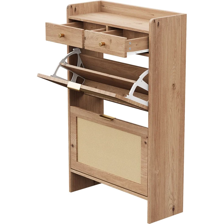 ZUBALIYA Schuhschrank (65 x 25 x 106 cm), 2 Klappfächer und 2 Schubladen, Fronten in Flechtoptik, Aus Spanplatte, Naturfarben – Bild 18