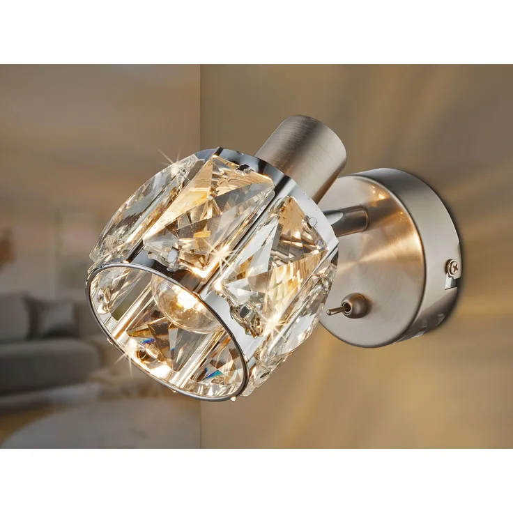 LED Wandstrahler mit Schalter & Glaskristallen Silber matt, Breite 9cm